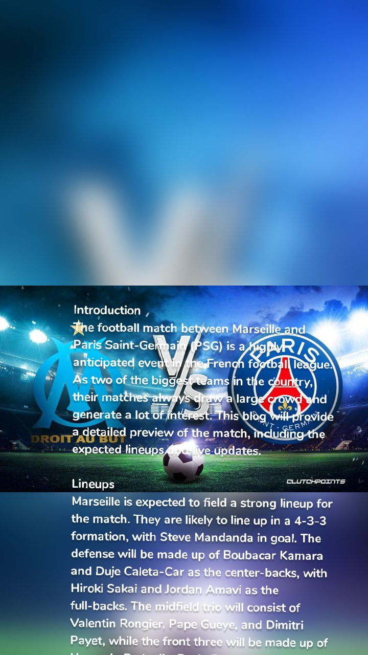 
Introduction
The football match between Marseille and Paris Saint-Germain (PSG) is a highly anticipated event in the French football league. As two of the biggest teams in the country, their matches always draw a large crowd and generate a lot of interest. This blog will provide a detailed preview of the match, including the expected lineups and live updates.

Lineups
Marseille is expected to field a strong lineup for the match. They are likely to line up in a 4-3-3 formation, with Steve Mandanda in goal. The defense will be made up of Boubacar Kamara and Duje Caleta-Car as the center-backs, with Hiroki Sakai and Jordan Amavi as the full-backs. The midfield trio will consist of Valentin Rongier, Pape Gueye, and Dimitri Payet, while the front three will be made up of Nemanja Radonjic, Dario Benedetto, and Florian Thauvin.

Meanwhile, PSG is expected to field a similarly strong lineup. They are likely to line up in a 4-2-3-1 formation, with Keylor Navas in goal. The defense will be made up of Marquinhos and Presnel Kimpembe as the center-backs, with Achraf Hakimi and Abdou Diallo as the full-backs. The midfield duo will consist of Marco Verratti and Georginio Wijnaldum, while the attacking trio will be made up of Kylian Mbappe, Neymar, and Angel Di Maria, with Mauro Icardi as the lone striker.

Live Updates
The match kicks off with both teams looking to impose their style of play early on. Marseille starts the brighter of the two teams, pressing high up the pitch and looking to create chances through their attacking trio. PSG, on the other hand, looks to be content with playing a possession-based game, with Verratti and Wijnaldum controlling the midfield.

In the 15th minute, Marseille almost takes the lead through Thauvin, who hits the post with a curling shot from the edge of the box. PSG responds quickly, with Mbappe running at the Marseille defense and forcing a good save from Mandanda. The match continues to be an even affair, with both teams creating chances but unable to break the deadlock.

In the 35th minute, PSG finally breaks through, with Neymar scoring a brilliant individual goal. The Brazilian picks up the ball on the left-hand side of the pitch, dribbles past two Marseille defenders, and curls a shot past Mandanda into the top corner. Marseille tries to respond immediately, but PSG's defense holds firm.

The second half starts with Marseille pushing forward in search of an equalizer. However, PSG looks dangerous on the counter-attack, with Mbappe and Di Maria causing problems for the Marseille defense. In the 65th minute, PSG doubles their lead through Mbappe, who taps in from close range after a cross from Di Maria.

Marseille tries to respond, but PSG's defense holds firm, with Marquinhos and Kimpembe making crucial interceptions and tackles. In the 80th minute, PSG puts the game to bed, with Icardi scoring from a corner kick. Marseille continues to fight until the end, but PSG's defense and midfield control the game, with the match ending 3-0 in favor of PSG.

Conclusion
The match between Marseille and PSG was an entertaining affair, with both teams creating chances but PSG ultimately coming out on top. The Parisian team's attacking trio of Mbappe, Neymar, and Di Maria proved too much for Marseille's defense, while their midfield duo of Verratti and Wijnaldum.
👍






